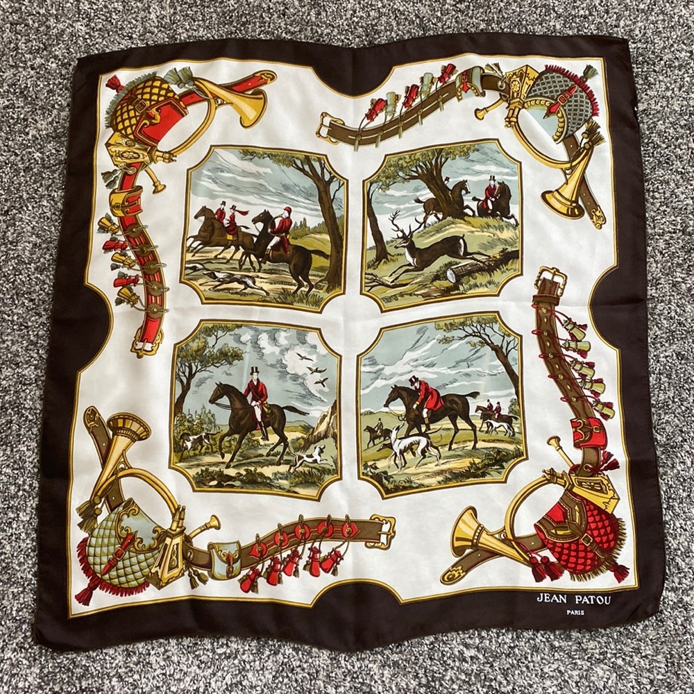 EUC Vintage Jean Patou Paris Fox Hunt Silk Scarf 25x25